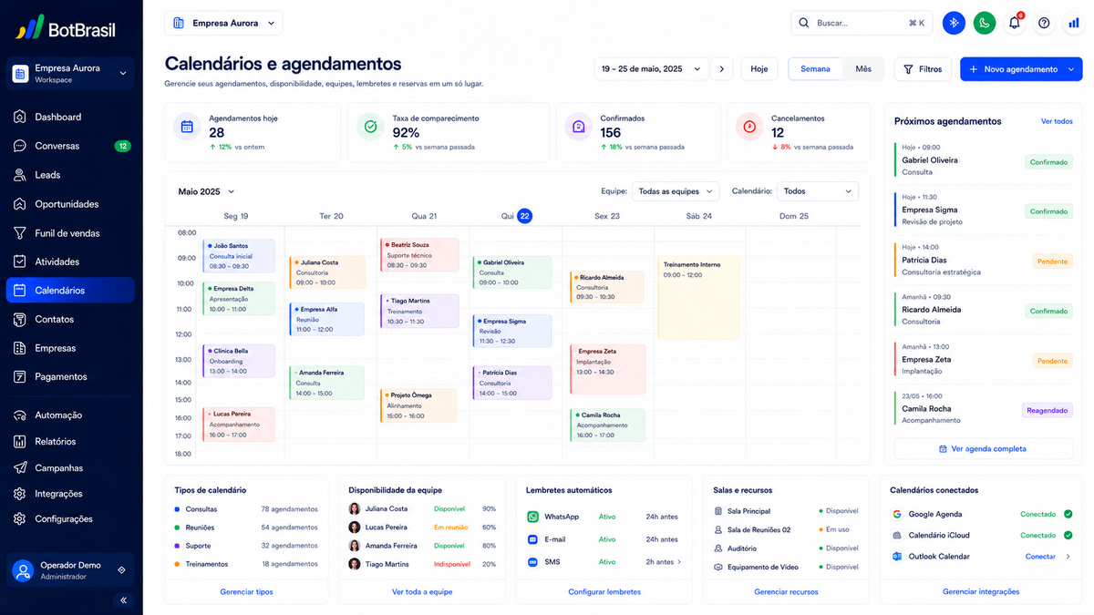 Calendário de agendamento online da BotBrasil com horários disponíveis e confirmação automática — BotBrasil para salões