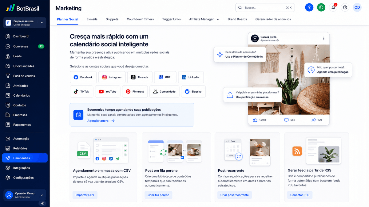 Painel de marketing da BotBrasil com gestão de redes sociais, campanhas e relatórios de conversão — BotBrasil para salões