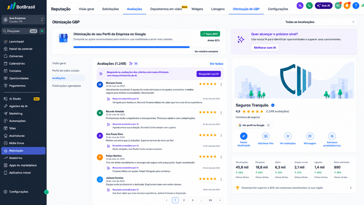 Painel de reputação online da BotBrasil com avaliações do Google, NPS e respostas automáticas — BotBrasil para salões